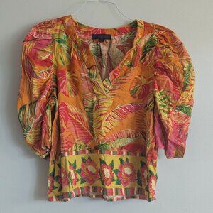 rachel roy linen top tropical large orange v neck floral puff sleeve vacation